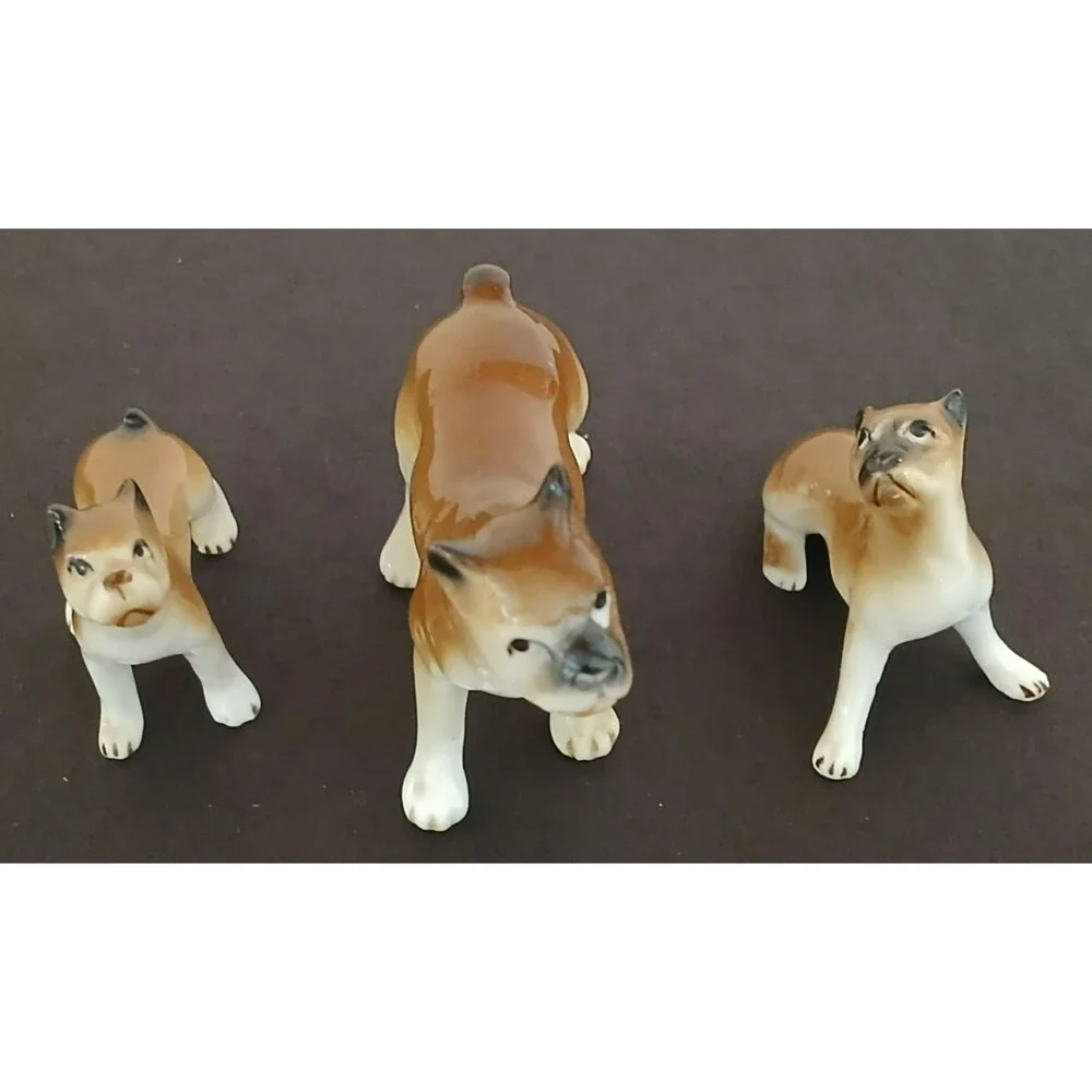 Vintage Set of 3 Porcelain Miniature Boxer Dog Cute Figurines